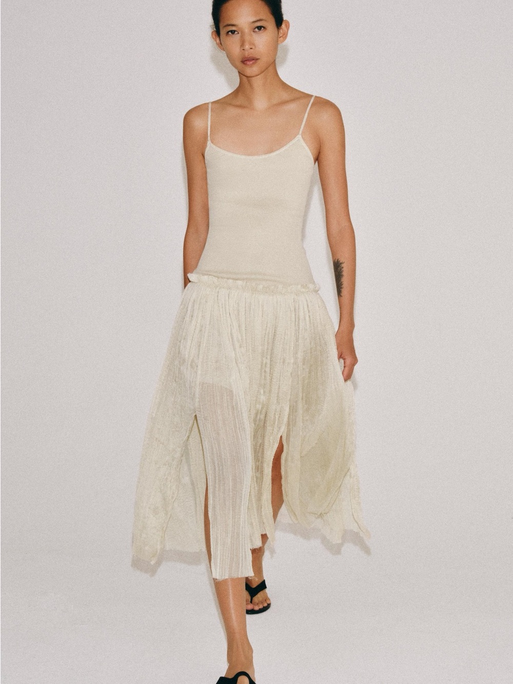 Zara Cream Sheer Layered Midi Skirt